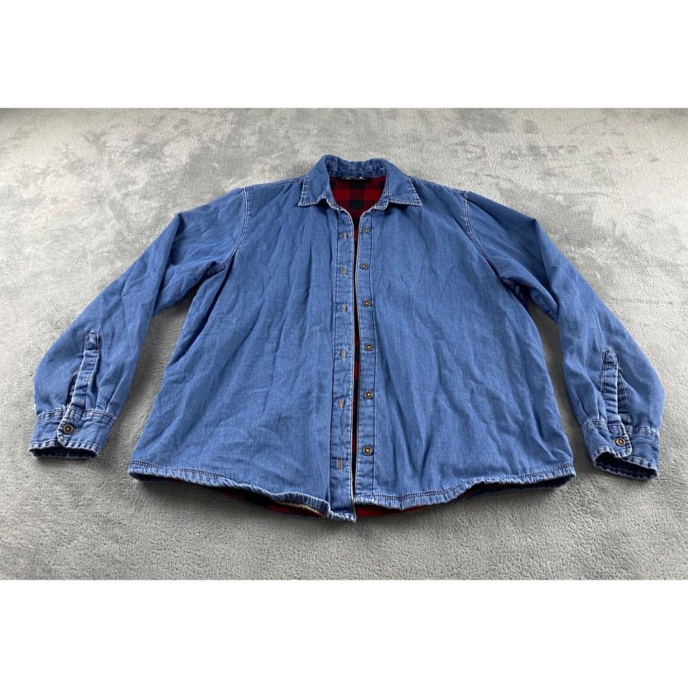 Riders‎ by Lee Womens Blue Denim Buffalo Plaid Fleece Lined Shirt Jacket Medium